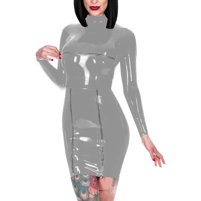 Novelty Back Zipper Wrap Hips Mini Dress Shiny PVC High Neck Long Sleeve Dress Exotic Front Zips Mistress Costume Party Wear