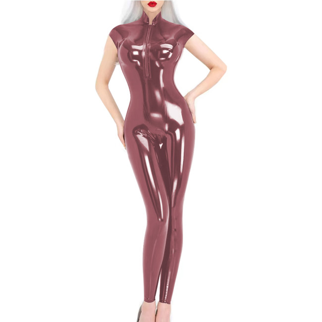 Short Sleeve Wet Look PVC Jumpsuit Party Stand Collar Womens Zipper Open Crotch PU Bodysuit Pole Dancing Leotard Sexy Catsuit