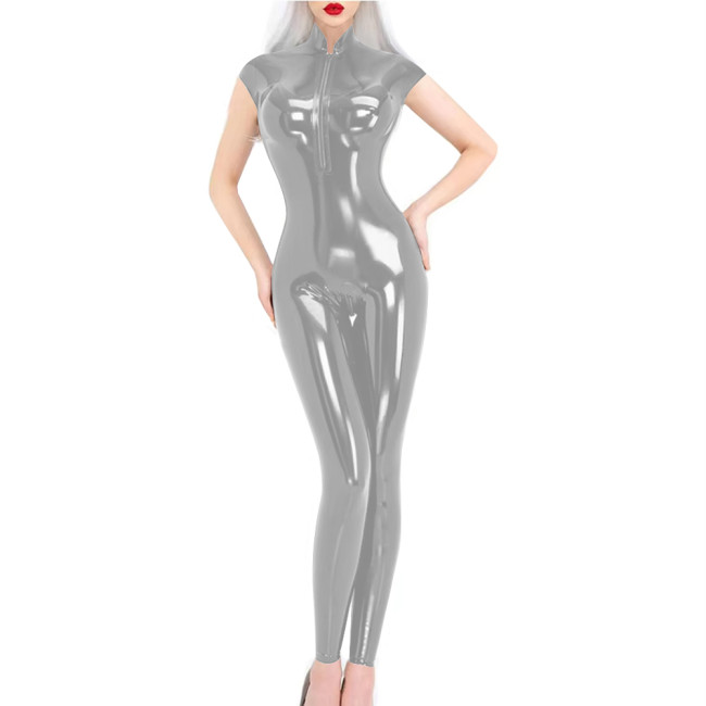 Short Sleeve Wet Look PVC Jumpsuit Party Stand Collar Womens Zipper Open Crotch PU Bodysuit Pole Dancing Leotard Sexy Catsuit