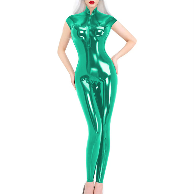 Short Sleeve Wet Look PVC Jumpsuit Party Stand Collar Womens Zipper Open Crotch PU Bodysuit Pole Dancing Leotard Sexy Catsuit