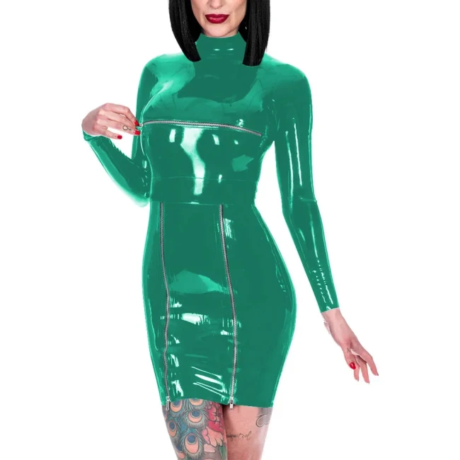 Novelty Back Zipper Wrap Hips Mini Dress Shiny PVC High Neck Long Sleeve Dress Exotic Front Zips Mistress Costume Party Wear