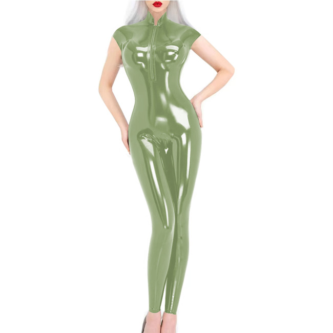 Short Sleeve Wet Look PVC Jumpsuit Party Stand Collar Womens Zipper Open Crotch PU Bodysuit Pole Dancing Leotard Sexy Catsuit