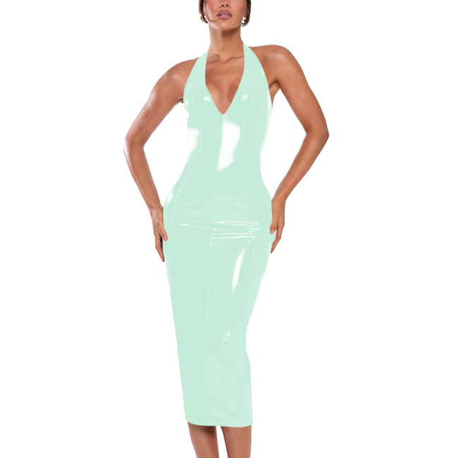 Sexy Halter V-neck Dress Ball Gowns Shiny PVC Leather Sleeveless Backless Hip Wrap Ankle Length Pencil Dress for Club Cocktail