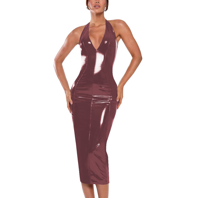 Sexy Halter V-neck Dress Ball Gowns Shiny PVC Leather Sleeveless Backless Hip Wrap Ankle Length Pencil Dress for Club Cocktail