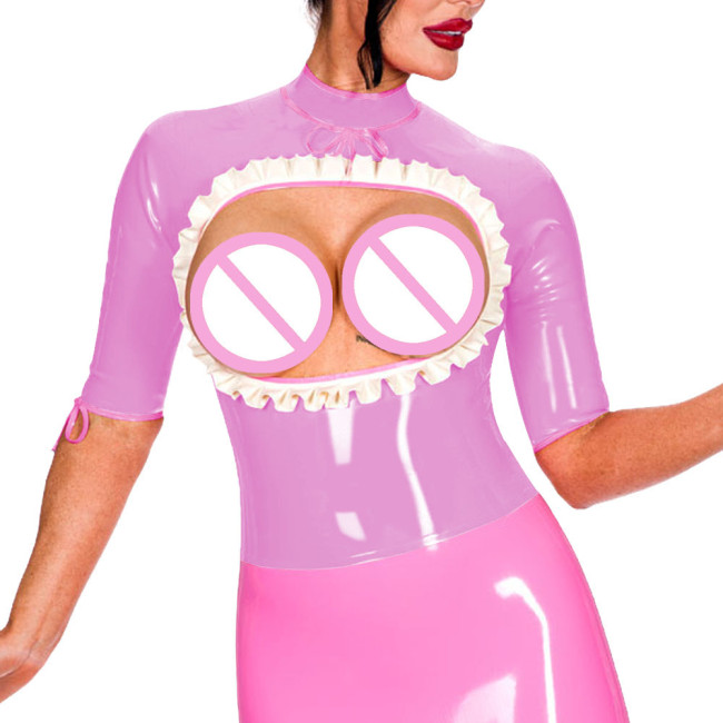 Half Sleeve Turtleneck Back Zip Punk Style Tops Exotic Open Bust Ruffled Blouse Mistress Ravely Party Exotic Bare Chest Costume