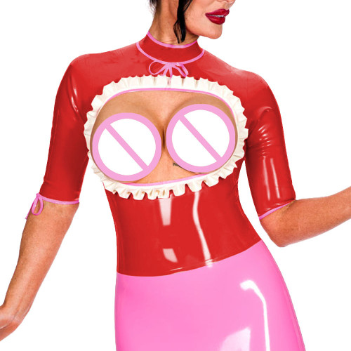 Half Sleeve Turtleneck Back Zip Punk Style Tops Exotic Open Bust Ruffled Blouse Mistress Ravely Party Exotic Bare Chest Costume