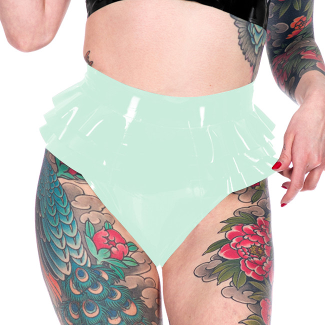 Novelty Triple Fold Ruffled Women Briefs Shiny PVC Leather Erotiic Hollow-out Underwear Fashion Casual Solid Color Lingerie