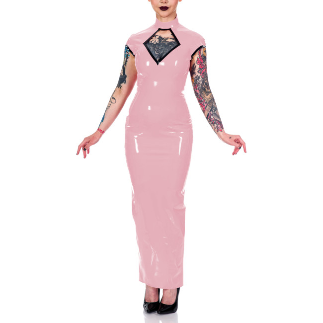 Women Mock Neck Short Sleeve Summer Dress Shiny PVC Leather Sexy Hollow Out Maxi Bodycon Dress Party Club Slit Back Pencil Dress