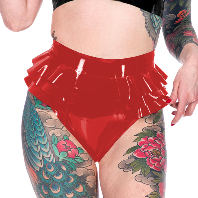 Novelty Triple Fold Ruffled Women Briefs Shiny PVC Leather Erotiic Hollow-out Underwear Fashion Casual Solid Color Lingerie