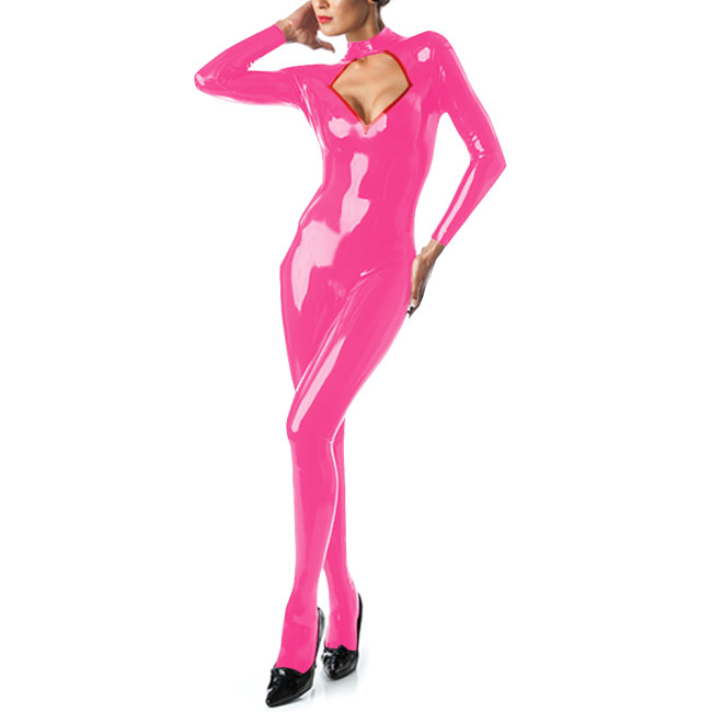 Sissy Sexy Hollow Out Jumpsuits PVC Long Sleeve Bodycon Zipper Open Crotch Jumpsuits for Women Faux Latex Rompers Stage Apparel