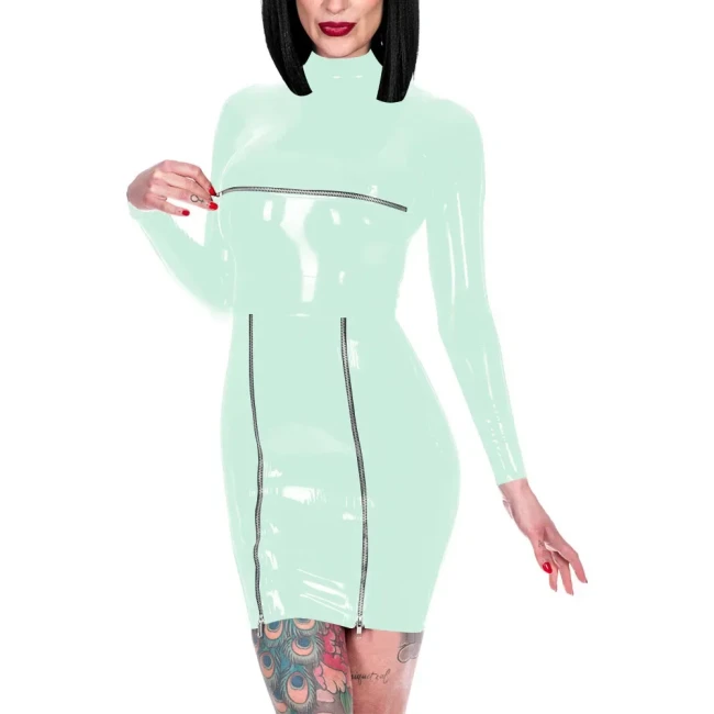 Novelty Back Zipper Wrap Hips Mini Dress Shiny PVC High Neck Long Sleeve Dress Exotic Front Zips Mistress Costume Party Wear
