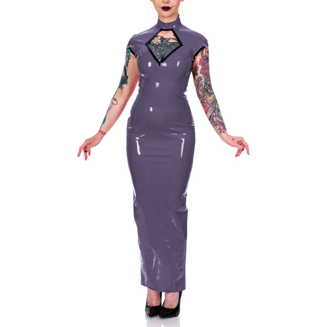 Women Mock Neck Short Sleeve Summer Dress Shiny PVC Leather Sexy Hollow Out Maxi Bodycon Dress Party Club Slit Back Pencil Dress