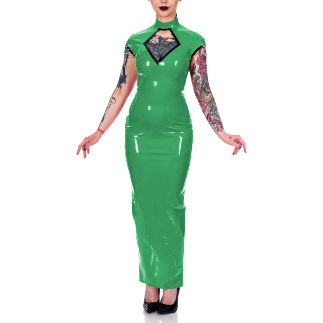 Women Mock Neck Short Sleeve Summer Dress Shiny PVC Leather Sexy Hollow Out Maxi Bodycon Dress Party Club Slit Back Pencil Dress