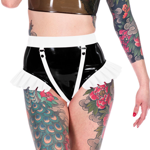 Fashion Novelty Patchwork Ruffled Hems Women Panties Faux Latex PVC Leather Sexy Underwear Sexy Ravely Party Pole Dance Lingerie
