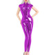 Short Sleeve Wet Look PVC Jumpsuit Party Stand Collar Womens Zipper Open Crotch PU Bodysuit Pole Dancing Leotard Sexy Catsuit