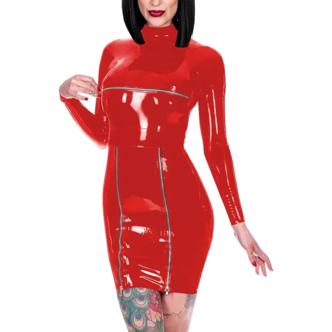 Novelty Back Zipper Wrap Hips Mini Dress Shiny PVC High Neck Long Sleeve Dress Exotic Front Zips Mistress Costume Party Wear