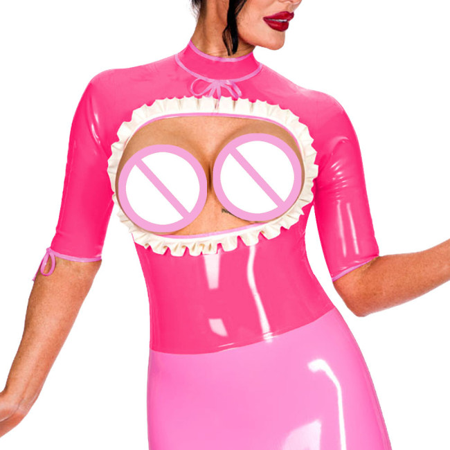 Half Sleeve Turtleneck Back Zip Punk Style Tops Exotic Open Bust Ruffled Blouse Mistress Ravely Party Exotic Bare Chest Costume