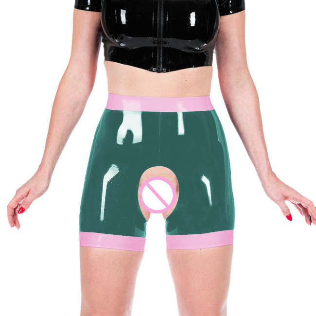 Shiny PVC Leather Faux Latex Women Exotic Open Crotch Spanking Pants Crotchless Short Leggings Novelty Patchwork Sexy Trousers