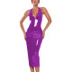 Sexy Halter V-neck Dress Ball Gowns Shiny PVC Leather Sleeveless Backless Hip Wrap Ankle Length Pencil Dress for Club Cocktail