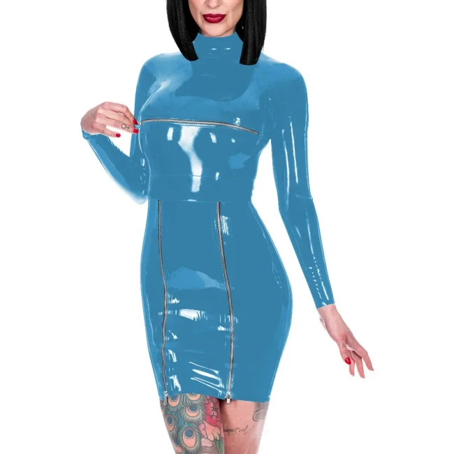 Novelty Back Zipper Wrap Hips Mini Dress Shiny PVC High Neck Long Sleeve Dress Exotic Front Zips Mistress Costume Party Wear