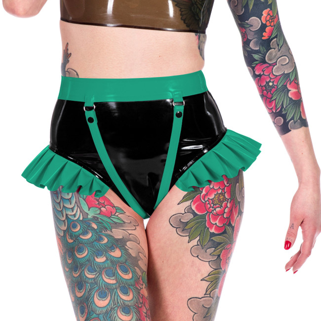 Fashion Novelty Patchwork Ruffled Hems Women Panties Faux Latex PVC Leather Sexy Underwear Sexy Ravely Party Pole Dance Lingerie
