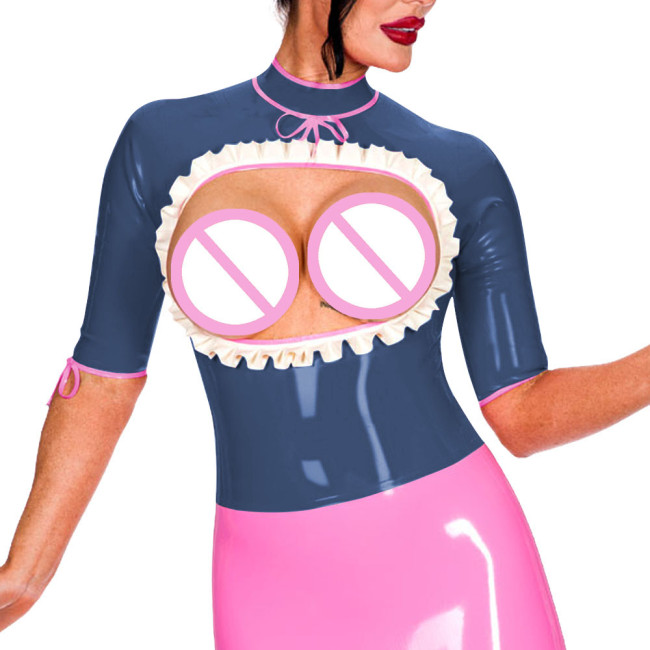 Half Sleeve Turtleneck Back Zip Punk Style Tops Exotic Open Bust Ruffled Blouse Mistress Ravely Party Exotic Bare Chest Costume