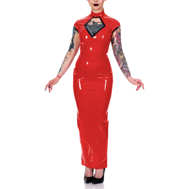Women Mock Neck Short Sleeve Summer Dress Shiny PVC Leather Sexy Hollow Out Maxi Bodycon Dress Party Club Slit Back Pencil Dress