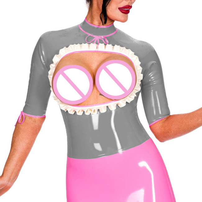 Half Sleeve Turtleneck Back Zip Punk Style Tops Exotic Open Bust Ruffled Blouse Mistress Ravely Party Exotic Bare Chest Costume