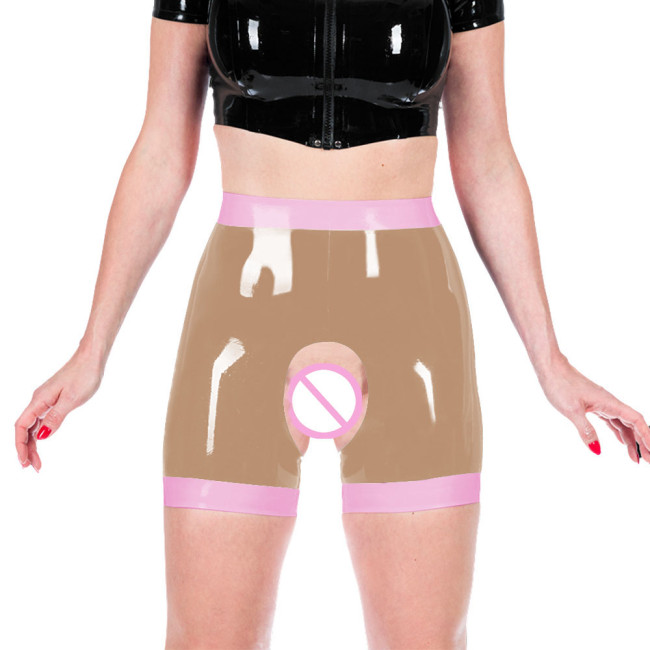 Shiny PVC Leather Faux Latex Women Exotic Open Crotch Spanking Pants Crotchless Short Leggings Novelty Patchwork Sexy Trousers