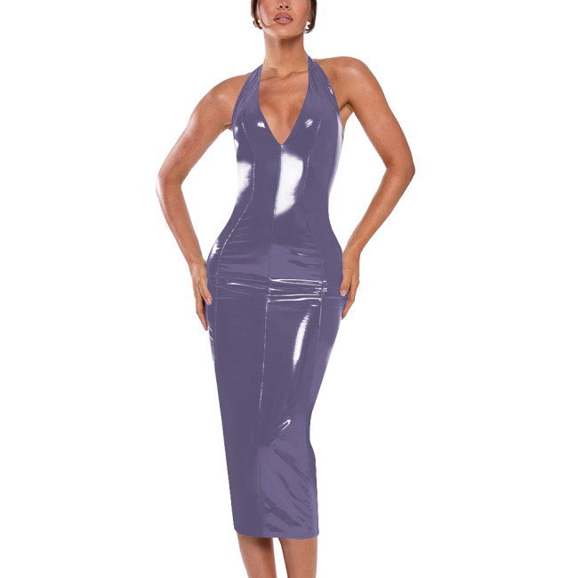 Sexy Halter V-neck Dress Ball Gowns Shiny PVC Leather Sleeveless Backless Hip Wrap Ankle Length Pencil Dress for Club Cocktail