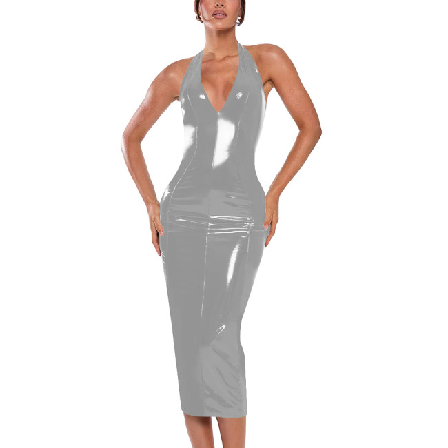 Sexy Halter V-neck Dress Ball Gowns Shiny PVC Leather Sleeveless Backless Hip Wrap Ankle Length Pencil Dress for Club Cocktail