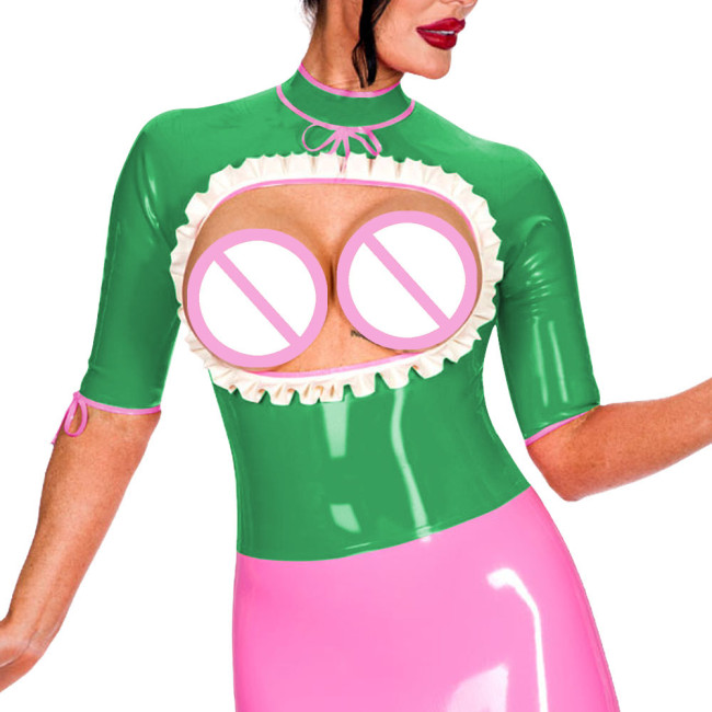 Half Sleeve Turtleneck Back Zip Punk Style Tops Exotic Open Bust Ruffled Blouse Mistress Ravely Party Exotic Bare Chest Costume