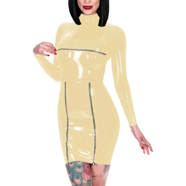 Novelty Back Zipper Wrap Hips Mini Dress Shiny PVC High Neck Long Sleeve Dress Exotic Front Zips Mistress Costume Party Wear