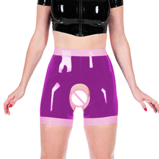 Shiny PVC Leather Faux Latex Women Exotic Open Crotch Spanking Pants Crotchless Short Leggings Novelty Patchwork Sexy Trousers