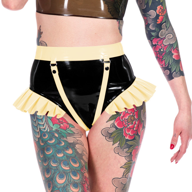 Fashion Novelty Patchwork Ruffled Hems Women Panties Faux Latex PVC Leather Sexy Underwear Sexy Ravely Party Pole Dance Lingerie