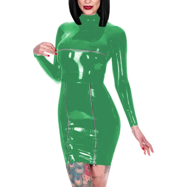 Novelty Back Zipper Wrap Hips Mini Dress Shiny PVC High Neck Long Sleeve Dress Exotic Front Zips Mistress Costume Party Wear