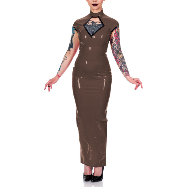 Women Mock Neck Short Sleeve Summer Dress Shiny PVC Leather Sexy Hollow Out Maxi Bodycon Dress Party Club Slit Back Pencil Dress