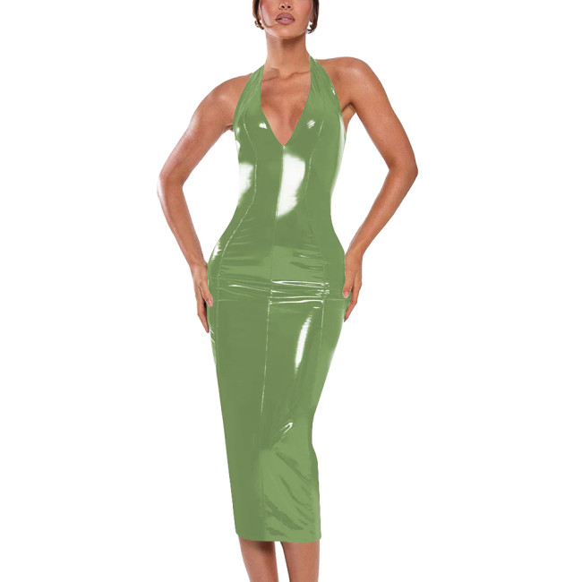 Sexy Halter V-neck Dress Ball Gowns Shiny PVC Leather Sleeveless Backless Hip Wrap Ankle Length Pencil Dress for Club Cocktail