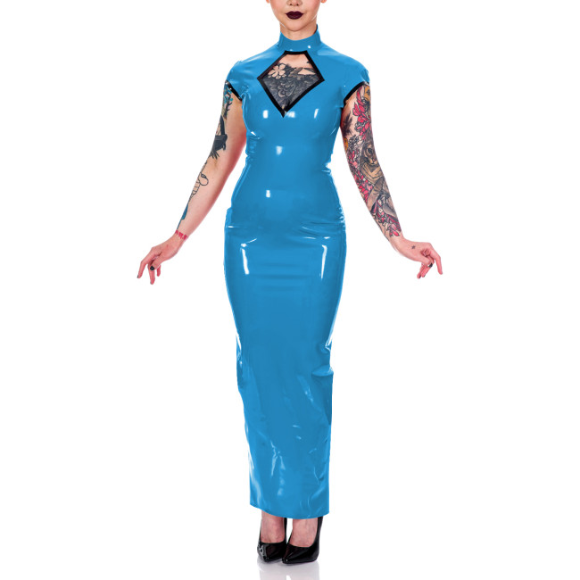 Women Mock Neck Short Sleeve Summer Dress Shiny PVC Leather Sexy Hollow Out Maxi Bodycon Dress Party Club Slit Back Pencil Dress