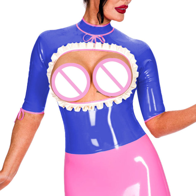 Half Sleeve Turtleneck Back Zip Punk Style Tops Exotic Open Bust Ruffled Blouse Mistress Ravely Party Exotic Bare Chest Costume