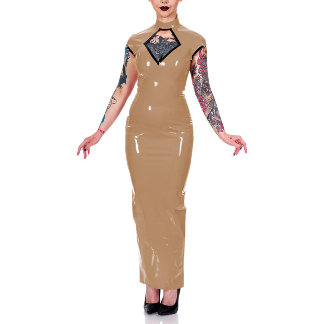 Women Mock Neck Short Sleeve Summer Dress Shiny PVC Leather Sexy Hollow Out Maxi Bodycon Dress Party Club Slit Back Pencil Dress