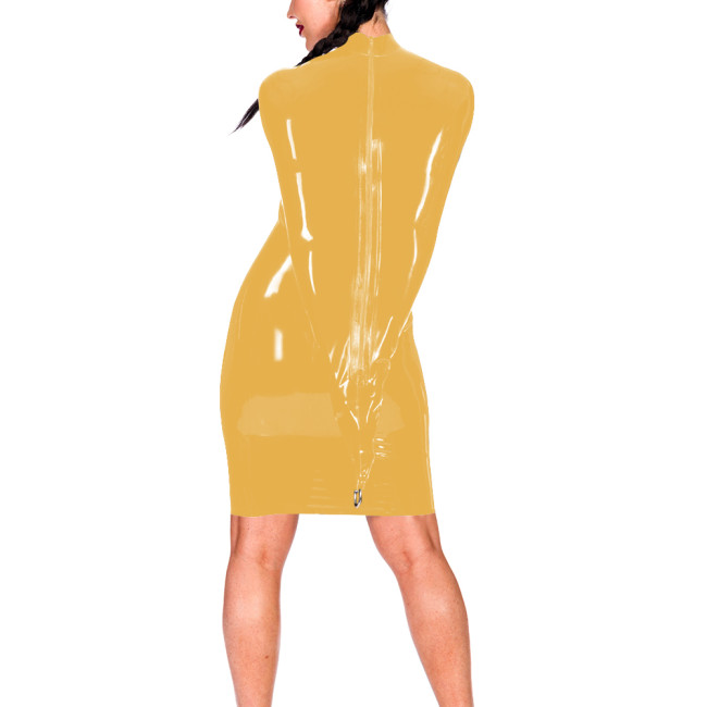 Novelty Wetlook Restraint Dress with Back Zipper Sexy Turtleneck Full-Length Sleeve Sheath Mini Dress Shiny PVC Mistress Costume