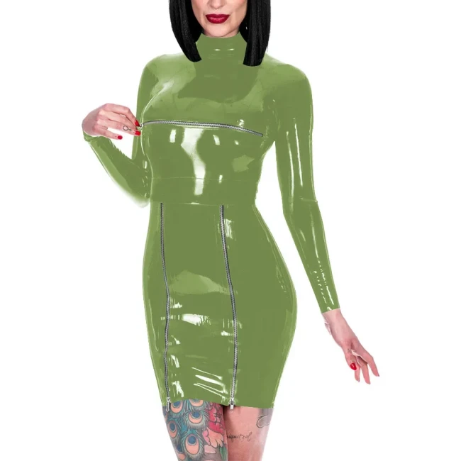Novelty Back Zipper Wrap Hips Mini Dress Shiny PVC High Neck Long Sleeve Dress Exotic Front Zips Mistress Costume Party Wear