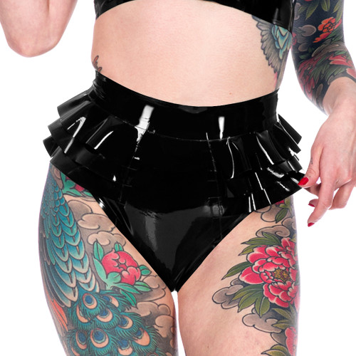 Novelty Triple Fold Ruffled Women Briefs Shiny PVC Leather Erotiic Hollow-out Underwear Fashion Casual Solid Color Lingerie