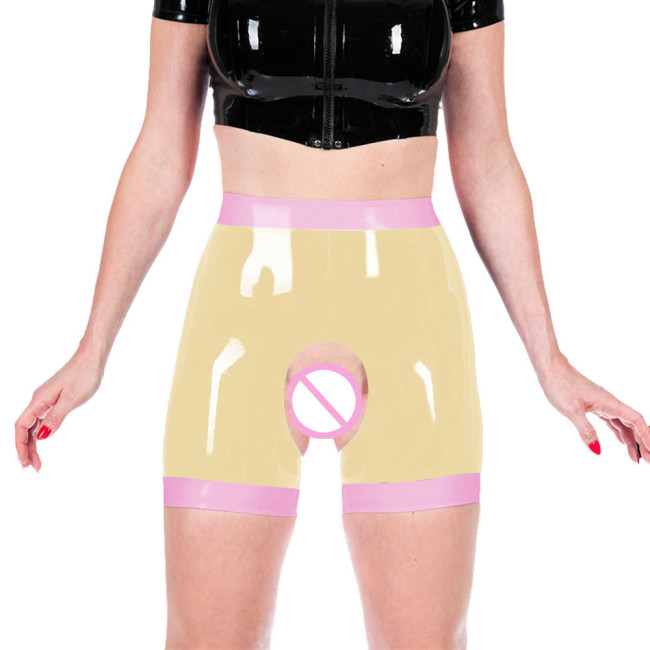 Shiny PVC Leather Faux Latex Women Exotic Open Crotch Spanking Pants Crotchless Short Leggings Novelty Patchwork Sexy Trousers