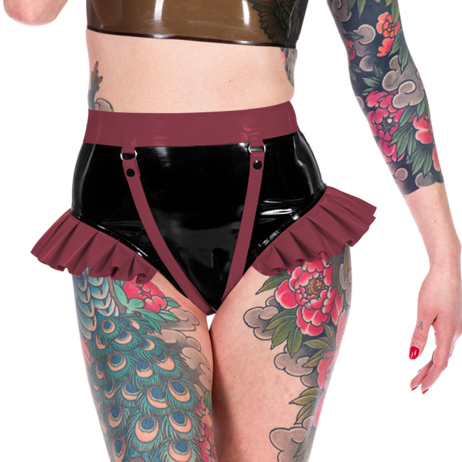 Fashion Novelty Patchwork Ruffled Hems Women Panties Faux Latex PVC Leather Sexy Underwear Sexy Ravely Party Pole Dance Lingerie