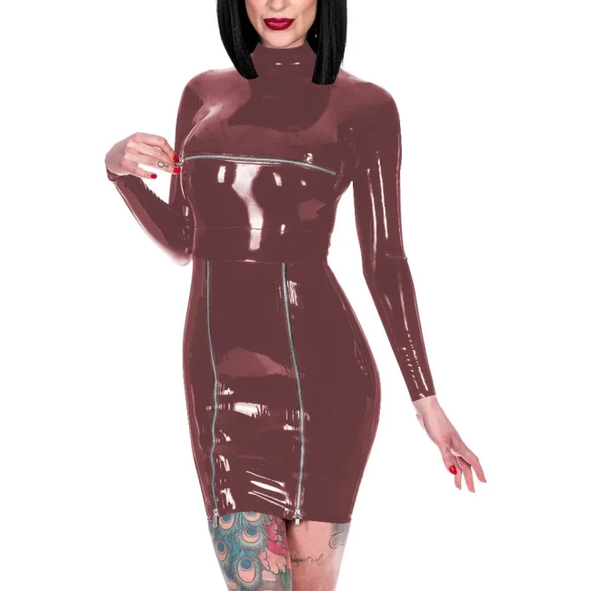 Novelty Back Zipper Wrap Hips Mini Dress Shiny PVC High Neck Long Sleeve Dress Exotic Front Zips Mistress Costume Party Wear