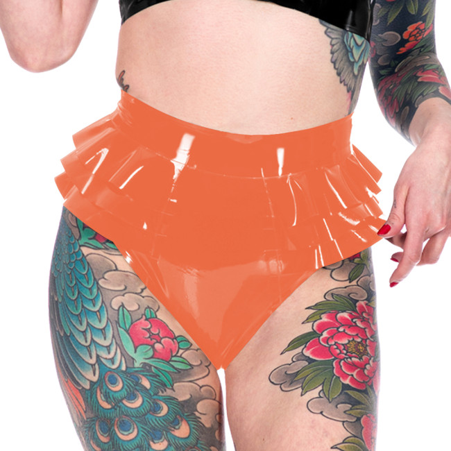 Novelty Triple Fold Ruffled Women Briefs Shiny PVC Leather Erotiic Hollow-out Underwear Fashion Casual Solid Color Lingerie