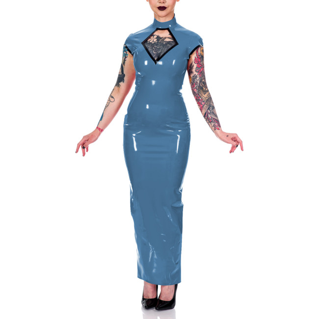 Women Mock Neck Short Sleeve Summer Dress Shiny PVC Leather Sexy Hollow Out Maxi Bodycon Dress Party Club Slit Back Pencil Dress