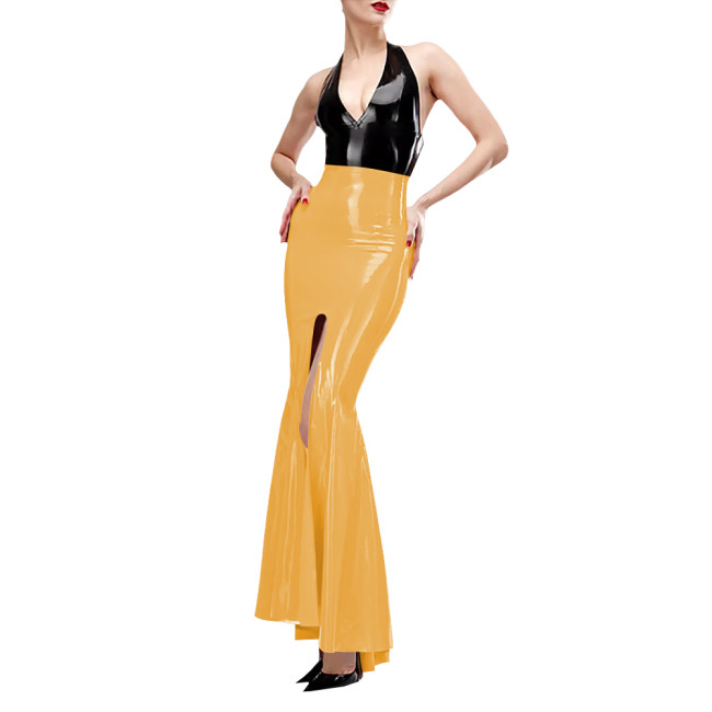 Sexy Trumpet High Split Wrap Hip Skirts Elegant PVC Shiny Leather Mermaid Skirts for Women Wetlook Fashion Holiday Party Outfits